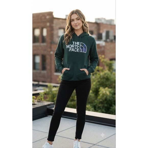 The North Face Tops - The North Face Women's Large Green Pullover Hoodie Plaid Logo Graphic Sweatshirt
